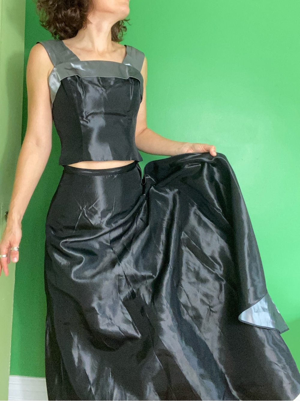 Y2K Lazaro Black grey Satin Maxi Skirt and cropped top prom evening party
